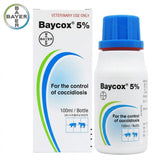 A product photograph displaying a white cardboard box and a matching 100ml plastic bottle with a blue screw-top lid, side-by-side on a white background. Both items feature the Bayer cross logo in the upper-left corner and are labeled "Baycox® 5%." The box also has the red text "VETERINARY USE ONLY" and the text "For the control of coccidiosis." Small icons of a pig and a calf are at the bottom of both.